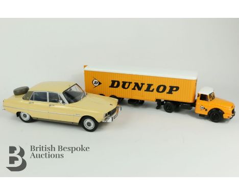 Unboxed 1/18 scale Rover 3500 V8 1974 die cast vehicle together with an unboxed Dunlop trailer and truck. (2)