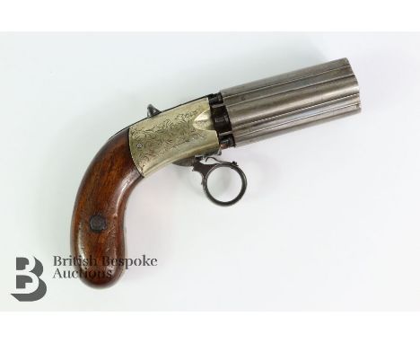 Bentley patent 6-shot percussion pepper box pistol 'Tuteneg' German silver frame, ring trigger and bolted safety catch, bag s