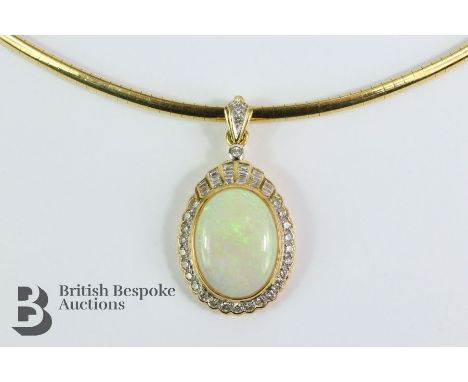 18ct yellow gold opal and diamond pendant on an articulated 18ct gold collar necklace, stamped 750. The opal measuring 19 x 1