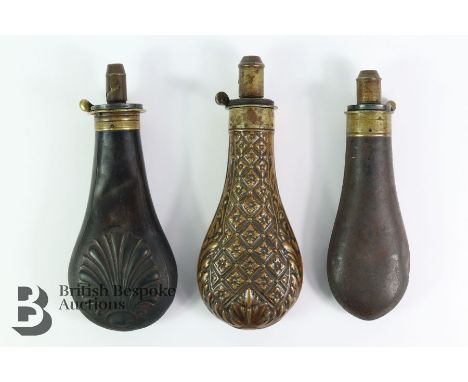 J.W Hawksley powder flask, embossed with an unusual geometric design, approx 23 cms together with another shell-embossed powd