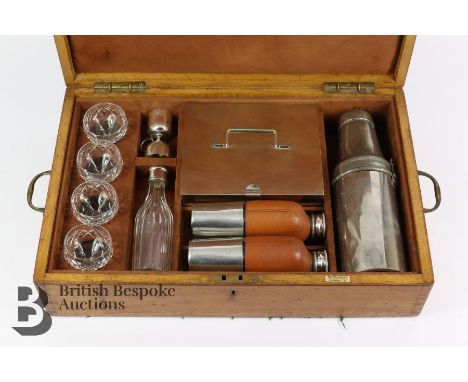 Early 20th century four person cocktail set, comprising flask, sandwich box, two leather-clad hip flask, cut-glass decanter, 