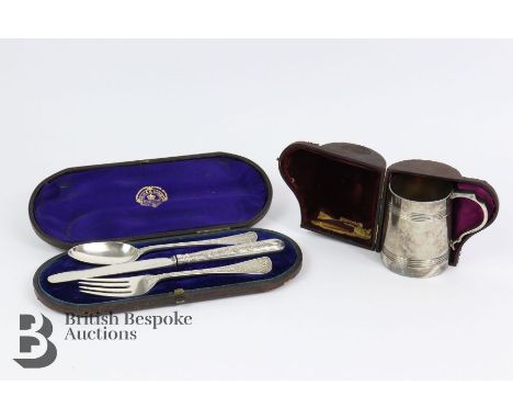 Victorian silver christening set, comprising spoon, fork and knife, London hallmark dated 1874, mm Francis Higgins, approx 15