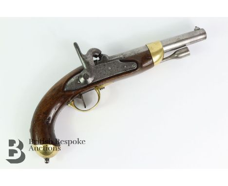 13 Bore French model 1822, military percussion holster pistol, barrel stamped 1855, arsenal stamps to the stock nr 1032. Over