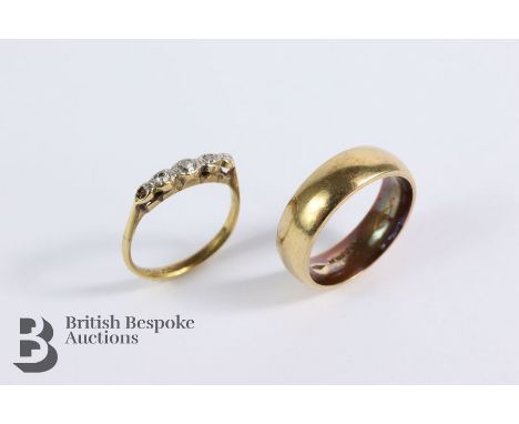 9ct wedding band, size N , approx 6 gms; together with a 18ct four-diamond ring (stone missing), size K , approx 1.9 gms.&nbs