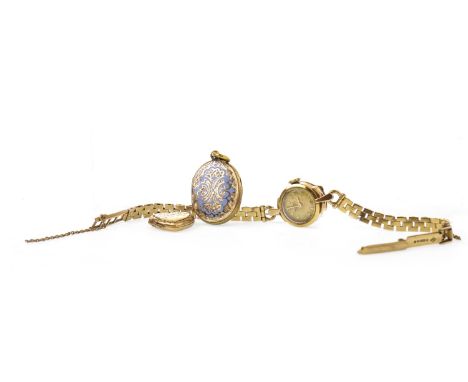 MID TWENTIETH CENTURY ENAMELLED LOCKET, with enamel details in blue, 22mm high, unmarked; along with a heart shaped locket in