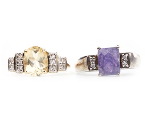 TWO GEM SET RINGS, comprising one set with a rectangular faceted blue to purple gem on white gem set shoulders, marked 925, s
