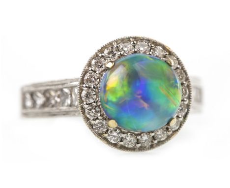 OPAL AND DIAMOND RING, the central cabochon opal of approximately 3.00 carats within a halo of round brilliant cut diamonds, 