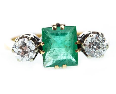 GREEN GEM AND DIAMOND RING, set with a central square step cut green gem 6.3mm wide flanked by two round brilliant cut diamon