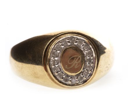 GENTLEMAN'S DIAMOND SET RING, the oval bezel with central engraved panel with R, surrounded by diamonds, marked 375, size S 1