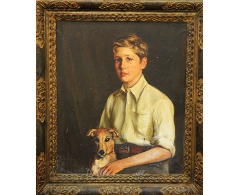Unattributed (early 20th century school) Oil on canvas Half-length portrait of a young boy holding a dog, unsigned, 74.5cm x 