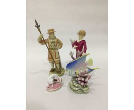 Royal Worcester blue angel fish amongst coral, a blush model of a Victorian Beefeater, a Country Life series model of a fox a