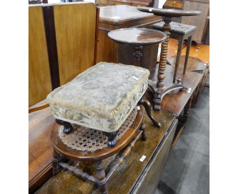 Cane seated oak stool with turned stretchers, an upholstered footstool, a mahogany tripod wine table and a circular mahogany 