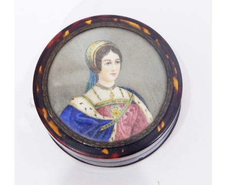 19th century tortoiseshell bonbonniere of circular form, the cover painted with a portrait of a lady in historical dress, the