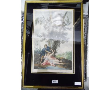 Aquatint of figures by pool, signed in pencil 'Ernest Stamp' and a 19th century engraving after Thomas Hearne, the first plat