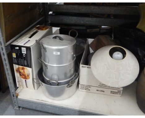 Large aluminium saucepan/fish kettle/jam pan/steamer, a bedside lamp, boxes, an electric under-blanket, unused in original bo