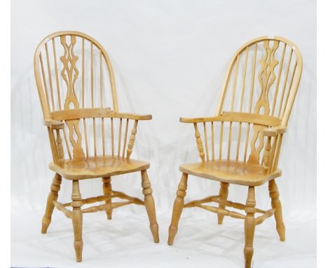 Pair of stick high-back kitchen elbow chairs in beech, on turned supports and stretchers 