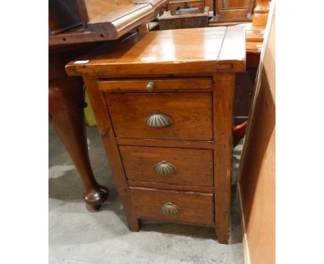 Small pine chest of three drawers, an upholstered top stool, a pine plant stand and an inlaid top tripod table (4) 