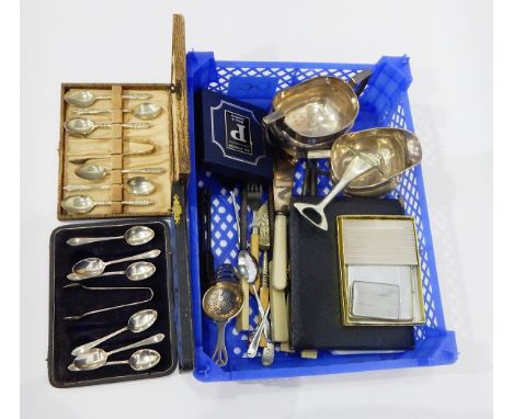 Silver plated sugar bowl and cream jug, a cased set of EPNS teaspoons, engine-turned cigarette cases and various other items 