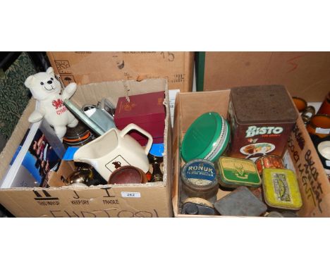 Box of mixed collectables and a quantity of vintage tins including Golden Virginia, Bisto, Weekly Assortment, Pascall, Exmoor