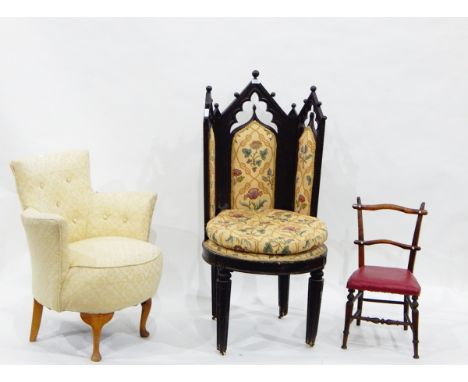 Unusual oak Gothic-style wing side chair with button upholstered seat and triple upholstered pad back 