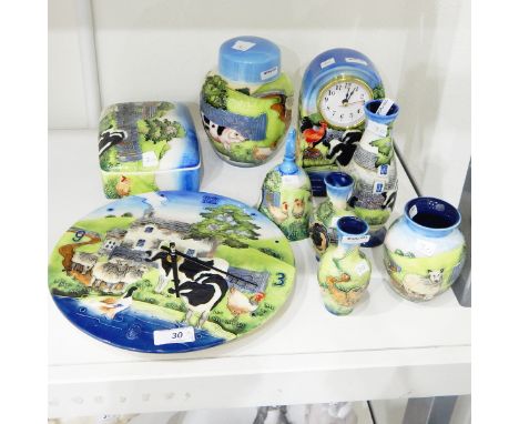 Quantity of Old Tuptonware "Farmyard" pattern china to include a wall clock, mantel clock, ginger jar, etc. (9) 