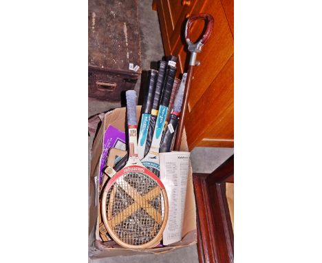 Seven various Slazenger and other wooden tennis rackets and a quantity of lawn tennis championship and Wimbledon magazines 19