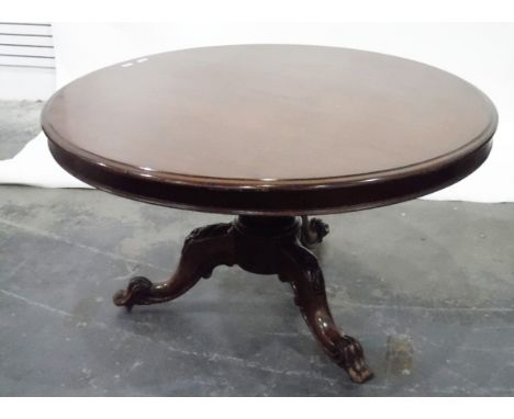 Victorian mahogany circular tilt-top breakfast table on turned octagonal pedestal, carved tripod supports, scroll toes and br