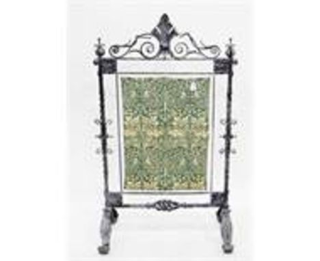 Late 19th/early 20th century iron firescreen frame of Arts & Crafts style, with modern fabric centre panel, 130cm high 