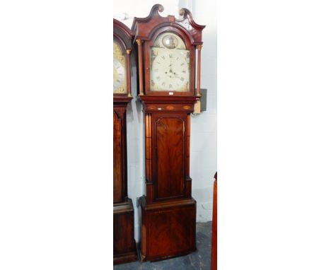 19th century inlaid mahogany longcase clock, with broken swan-neck pediment, painted Roman numeral dial, panelled trunk and b