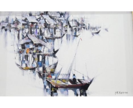 N K Kampan (20th century school) Oil on canvas Fishing boats and fishing huts, signed lower right, 23cm x 33cm 