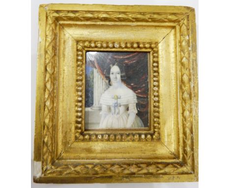 19th century schoolPainting on ivory Painted half-length portrait of a young girl in a white dress, 10cm x 8cm 