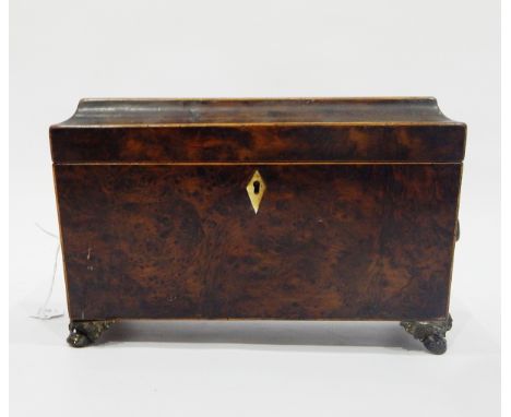 Early 19th century burrwood tea caddy of rectangular form with strung decoration, with brass cornucopia and ring handles, on 