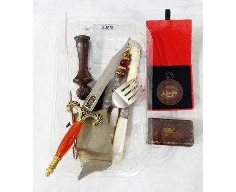 Copper desk seal modelled as a bust of Beethoven with monogram to base, a miniature plastic and silk fan, a Ronson lighter, l