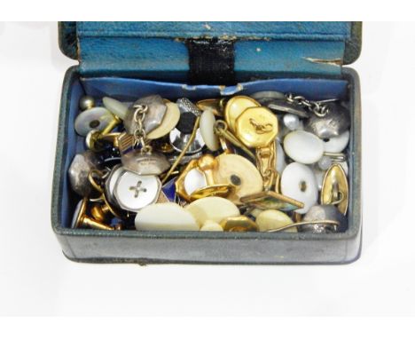 Two pairs of mother-of-pearl and silver cufflinks modelled as buttons (some missing chains), another similar single cufflink 