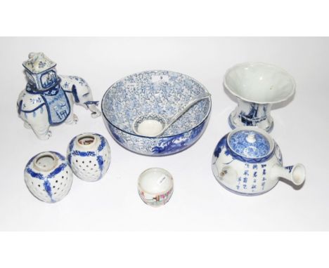 Delft model of an elephant in the Oriental-style, having sensor to top (restored), a Delft vase, a blue and white pottery lad