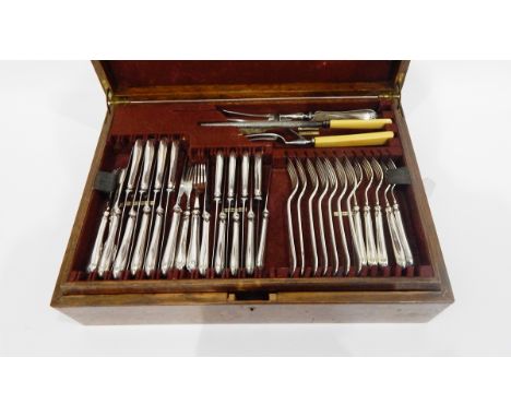 Canteen of Mappin & Webb silver plated flatware in the 'Ribbon and Reed' pattern, comprising table knives and forks, desert k