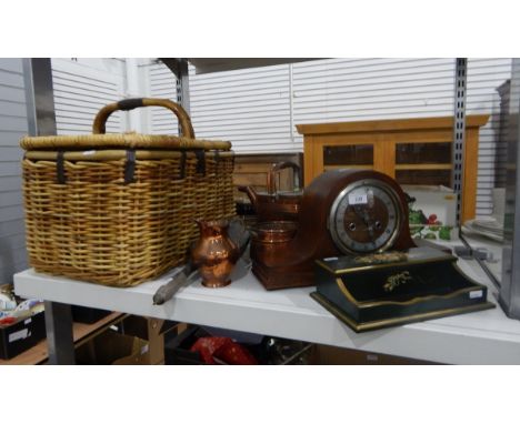 Copper watering can, a beaten copper jug, a small copper and brass planter, a Napoleon table clock, a painted wooden pen tray