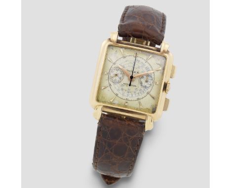 Rolex. A rare 18K rose gold manual wind chronograph cushion form wristwatchReference: 8206Date: Circa 1950Movement: 17-jewel 