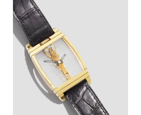 Corum. An unusual 18K gold manual wind wristwatch with visible straight line movementModel: Golden BridgeReference: 113.550.5