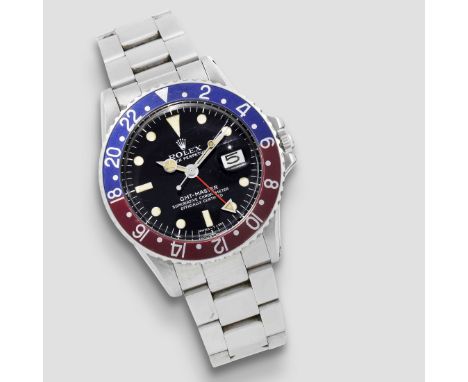 Rolex. A stainless steel automatic calendar bracelet watch with dual time zoneModel: GMT Master 'Pepsi'Reference: 1675Date: C