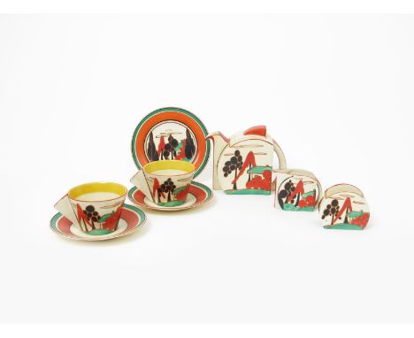 Red Trees & House' a Clarice Cliff  Fantasque Bizarre Stamford tea for two, dated 1931, painted in colours inside black, red 
