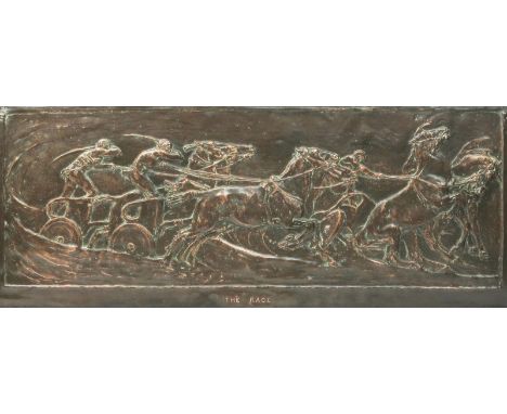 Gilbert Bayes (1872-1953) The Race a large patinated copper plaque, framed in oak titled in the cast 126 x 45cm. (panel) Loui