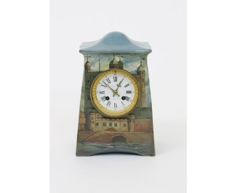 An usual Royal Doulton Tower of London mantel clock, tapering rectangular form with swollen overhanging mantel, painted in co