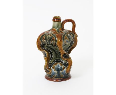 An Art Nouveau Doulton Lambeth flask  by Frank Butler,  compressed, collapsed form incised with flower stems, glazed green an