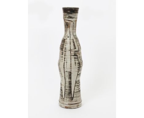 Robert J Washington (1913-1997) Two female figures a tall stoneware pot, painted with female figures in red iron oxide on an 