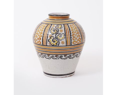 An Art Deco Poole Pottery vase, shape no.212, painted with a band of alternate foliate stems and geometric bands in yellow an