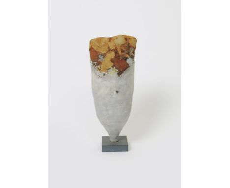 Robin Welch (born 1936) a narrow based stoneware sculpture, with applied slips, on slate base, and a bowl by Robin Welch, pai