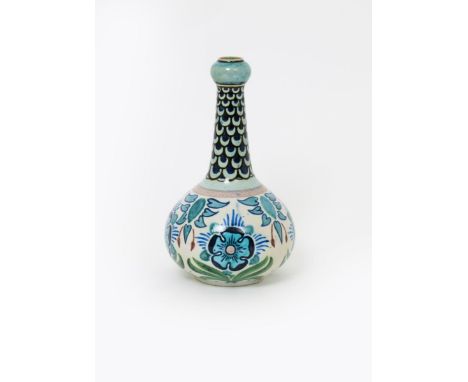 A Burmantoft's Faience Anglo Persian bottle vase designed by Leonard King,  painted with a frieze of stylised dog rose flower