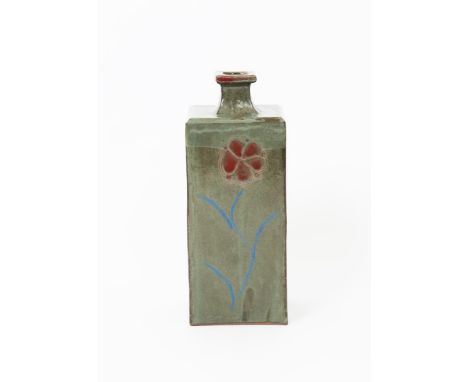 Shigeyoshi Ichino (1942-2011) a stoneware bottle vase, shouldered, square section, with tapering neck, painted with a simple 