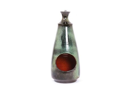A Poole Pottery Studio Atlantis lamp by Guy Sydenham,  shouldered tapering form with elliptical cut out aperture, the interio